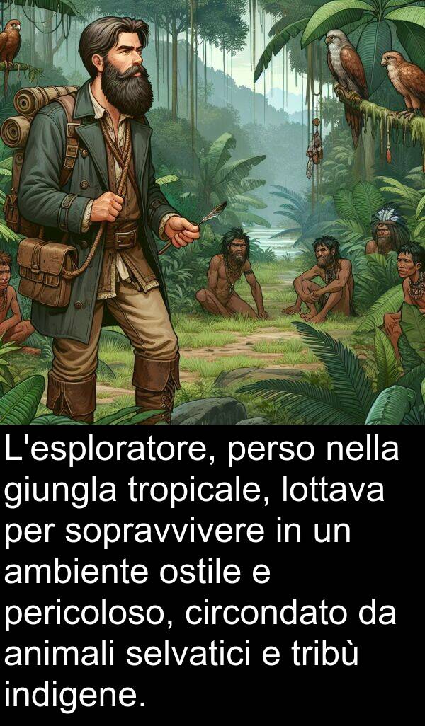 tribù: L'esploratore, perso nella giungla tropicale, lottava per sopravvivere in un ambiente ostile e pericoloso, circondato da animali selvatici e tribù indigene.