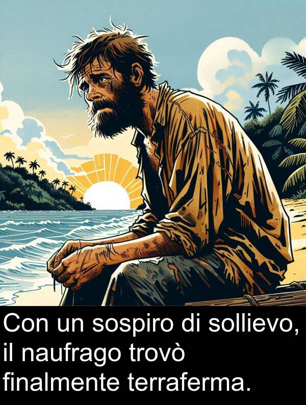 naufrago: Con un sospiro di sollievo, il naufrago trovò finalmente terraferma.