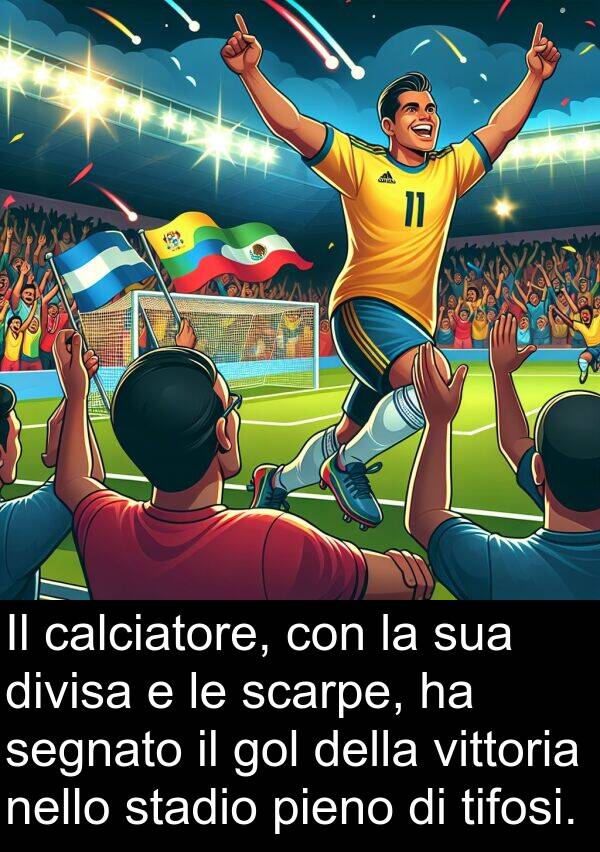 calciatore: Il calciatore, con la sua divisa e le scarpe, ha segnato il gol della vittoria nello stadio pieno di tifosi.