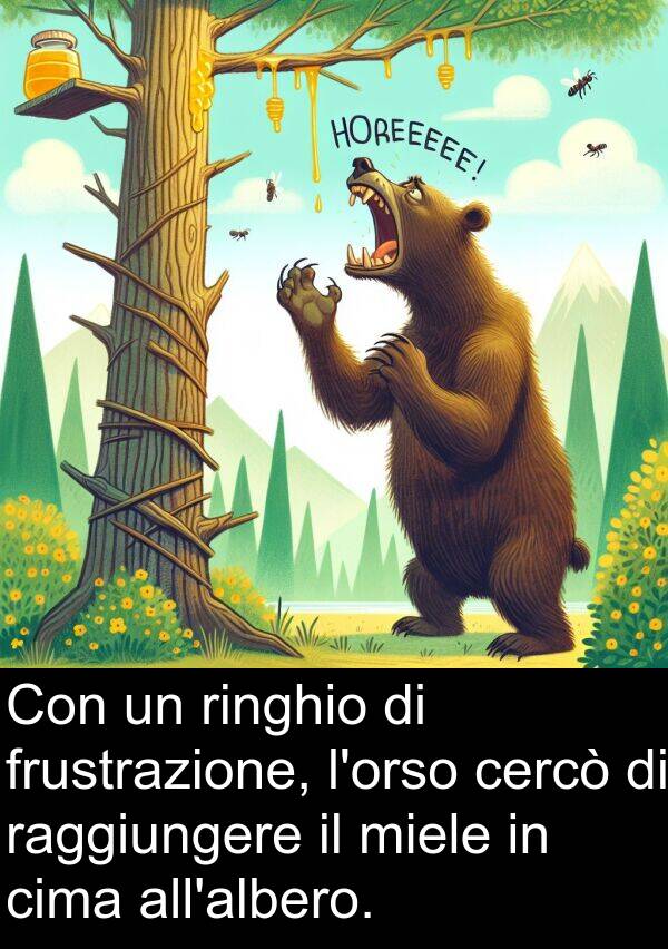 frustrazione: Con un ringhio di frustrazione, l'orso cercò di raggiungere il miele in cima all'albero.