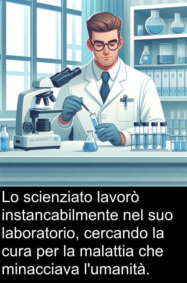 laboratorio: Lo scienziato lavorò instancabilmente nel suo laboratorio, cercando la cura per la malattia che minacciava l'umanità.