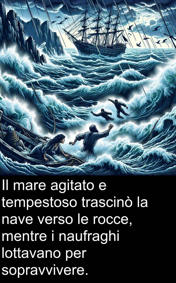 rocce: Il mare agitato e tempestoso trascinò la nave verso le rocce, mentre i naufraghi lottavano per sopravvivere.