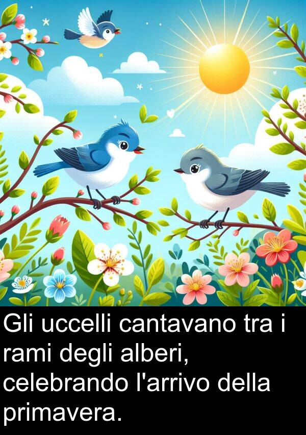 celebrando: Gli uccelli cantavano tra i rami degli alberi, celebrando l'arrivo della primavera.