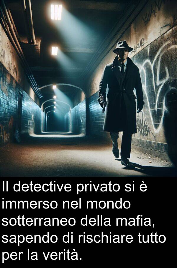 rischiare: Il detective privato si è immerso nel mondo sotterraneo della mafia, sapendo di rischiare tutto per la verità.