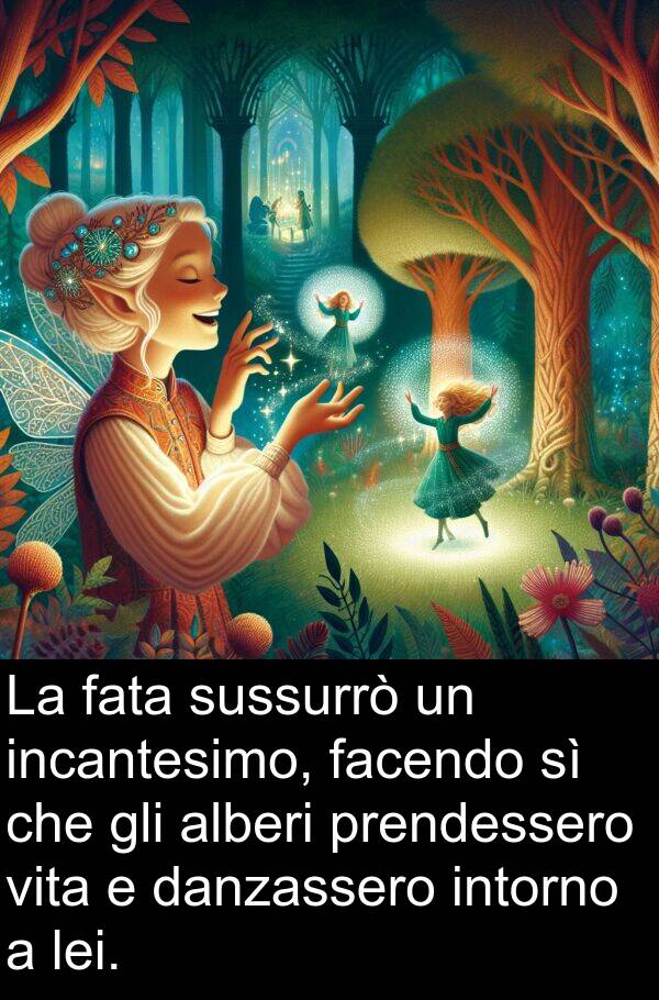 facendo: La fata sussurrò un incantesimo, facendo sì che gli alberi prendessero vita e danzassero intorno a lei.