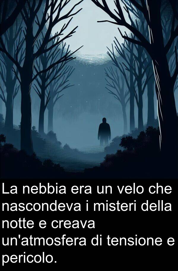 velo: La nebbia era un velo che nascondeva i misteri della notte e creava un'atmosfera di tensione e pericolo.