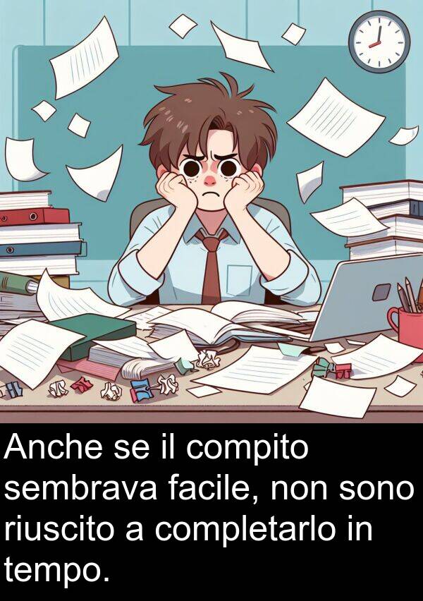 riuscito: Anche se il compito sembrava facile, non sono riuscito a completarlo in tempo.