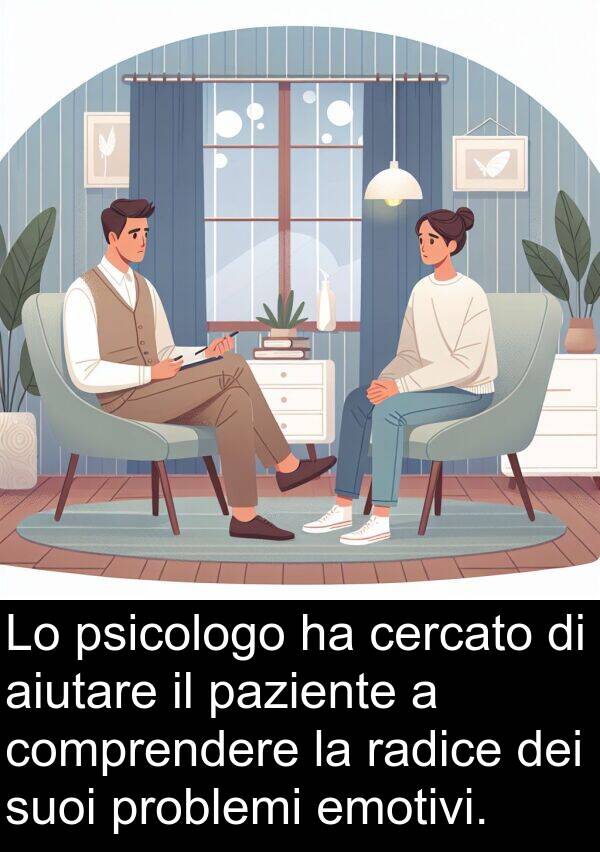cercato: Lo psicologo ha cercato di aiutare il paziente a comprendere la radice dei suoi problemi emotivi.