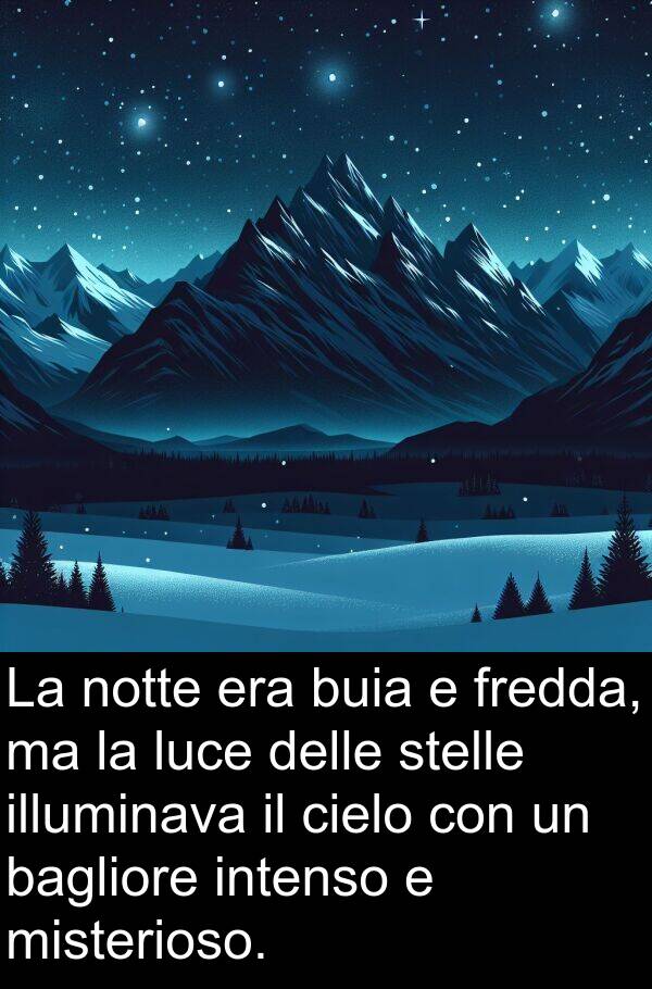 bagliore: La notte era buia e fredda, ma la luce delle stelle illuminava il cielo con un bagliore intenso e misterioso.