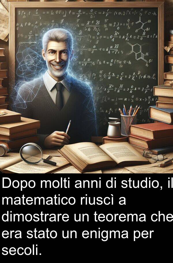 enigma: Dopo molti anni di studio, il matematico riuscì a dimostrare un teorema che era stato un enigma per secoli.