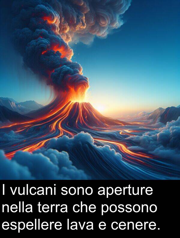 espellere: I vulcani sono aperture nella terra che possono espellere lava e cenere.
