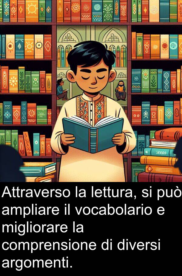 vocabolario: Attraverso la lettura, si può ampliare il vocabolario e migliorare la comprensione di diversi argomenti.