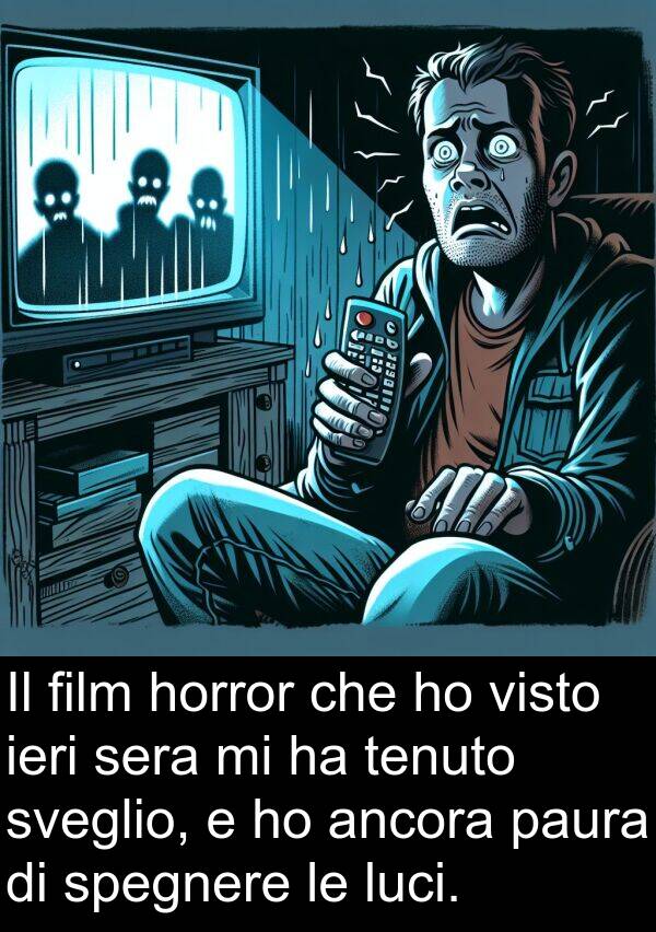 sveglio: Il film horror che ho visto ieri sera mi ha tenuto sveglio, e ho ancora paura di spegnere le luci.