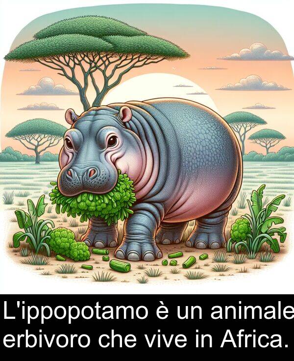 vive: L'ippopotamo è un animale erbivoro che vive in Africa.