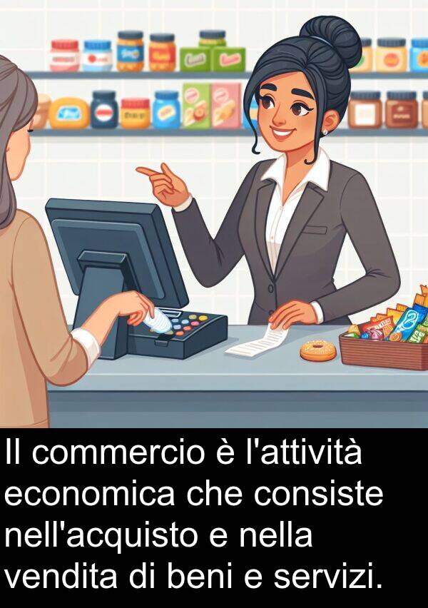 economica: Il commercio è l'attività economica che consiste nell'acquisto e nella vendita di beni e servizi.