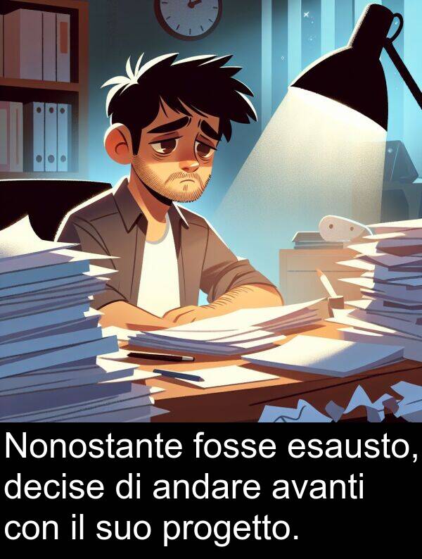 avanti: Nonostante fosse esausto, decise di andare avanti con il suo progetto.