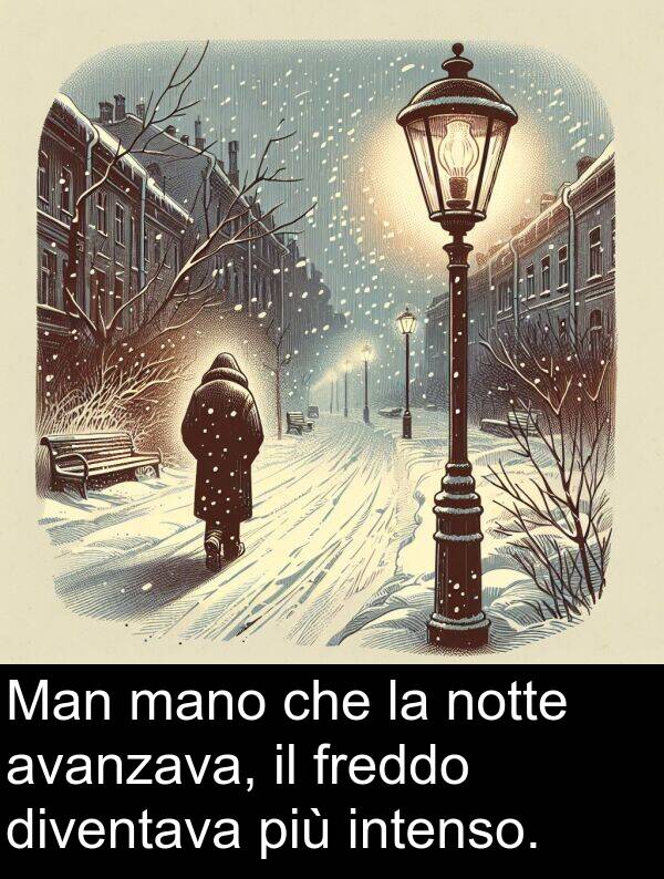 notte: Man mano che la notte avanzava, il freddo diventava più intenso.