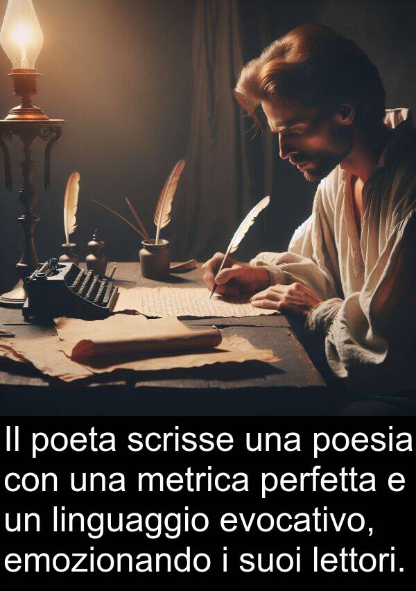 evocativo: Il poeta scrisse una poesia con una metrica perfetta e un linguaggio evocativo, emozionando i suoi lettori.