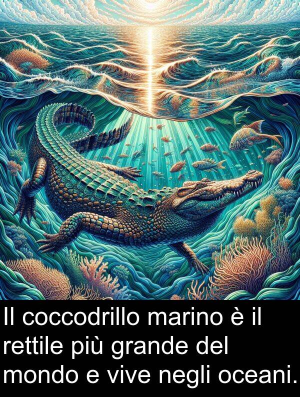 vive: Il coccodrillo marino è il rettile più grande del mondo e vive negli oceani.