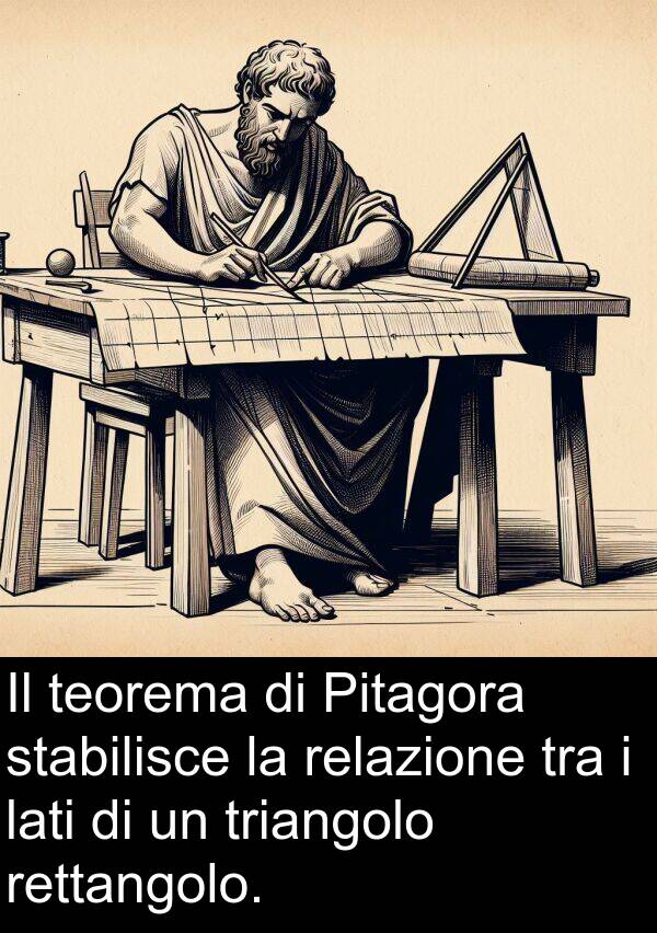 stabilisce: Il teorema di Pitagora stabilisce la relazione tra i lati di un triangolo rettangolo.