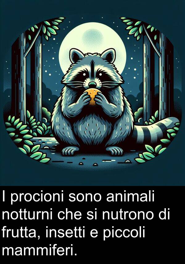 animali: I procioni sono animali notturni che si nutrono di frutta, insetti e piccoli mammiferi.