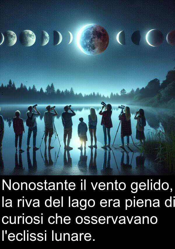 lago: Nonostante il vento gelido, la riva del lago era piena di curiosi che osservavano l'eclissi lunare.