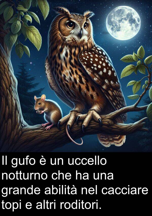 uccello: Il gufo è un uccello notturno che ha una grande abilità nel cacciare topi e altri roditori.