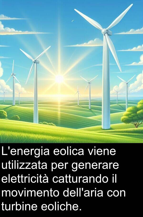 generare: L'energia eolica viene utilizzata per generare elettricità catturando il movimento dell'aria con turbine eoliche.