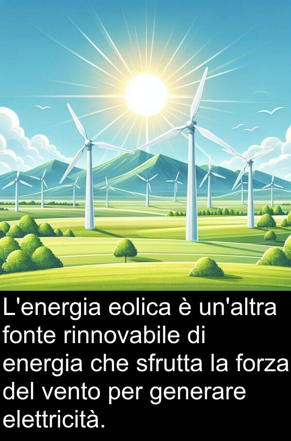 generare: L'energia eolica è un'altra fonte rinnovabile di energia che sfrutta la forza del vento per generare elettricità.