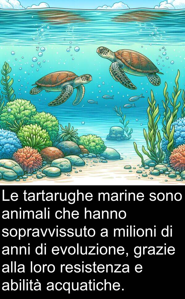 tartarughe: Le tartarughe marine sono animali che hanno sopravvissuto a milioni di anni di evoluzione, grazie alla loro resistenza e abilità acquatiche.