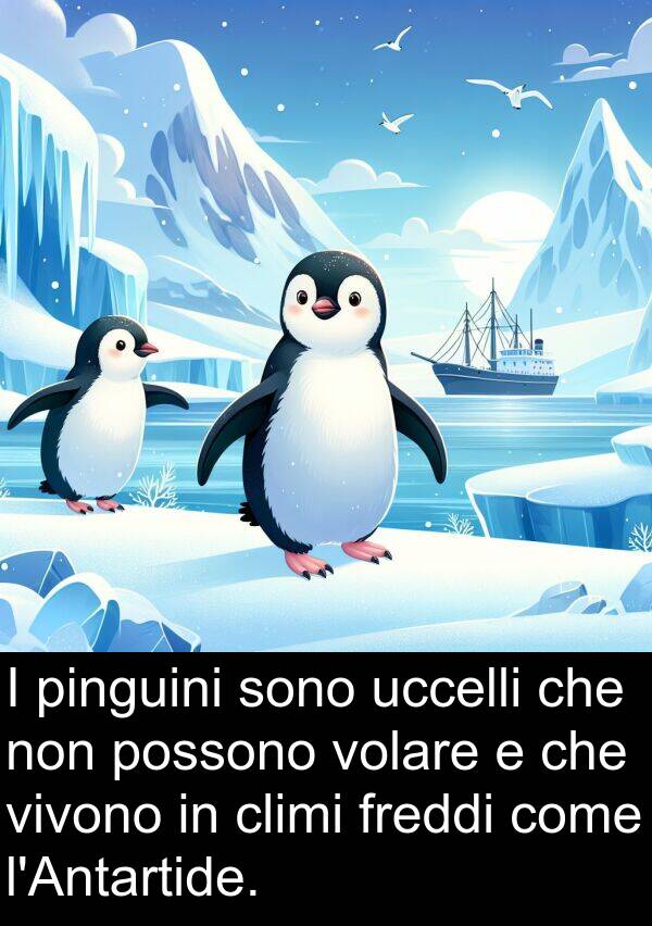 volare: I pinguini sono uccelli che non possono volare e che vivono in climi freddi come l'Antartide.