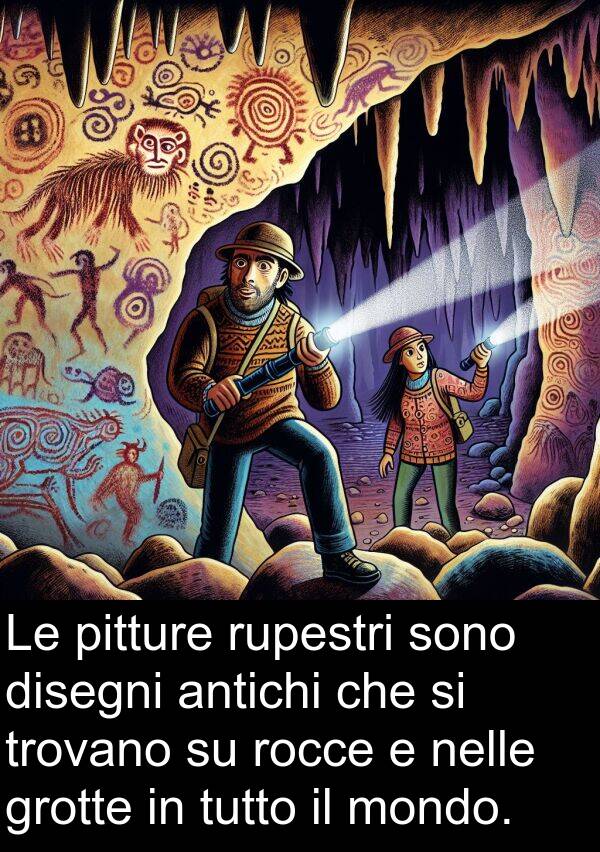 rocce: Le pitture rupestri sono disegni antichi che si trovano su rocce e nelle grotte in tutto il mondo.