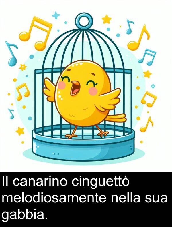 nella: Il canarino cinguettò melodiosamente nella sua gabbia.
