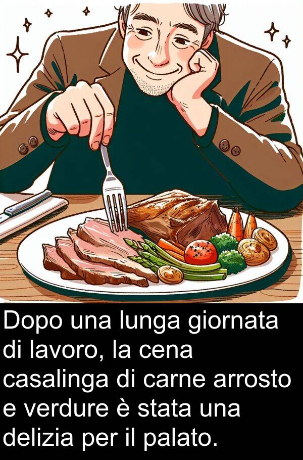 giornata: Dopo una lunga giornata di lavoro, la cena casalinga di carne arrosto e verdure è stata una delizia per il palato.