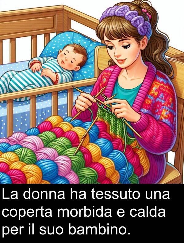 calda: La donna ha tessuto una coperta morbida e calda per il suo bambino.