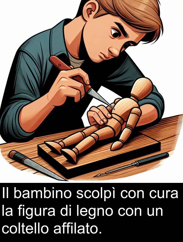 figura: Il bambino scolpì con cura la figura di legno con un coltello affilato.