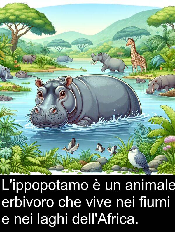 vive: L'ippopotamo è un animale erbivoro che vive nei fiumi e nei laghi dell'Africa.