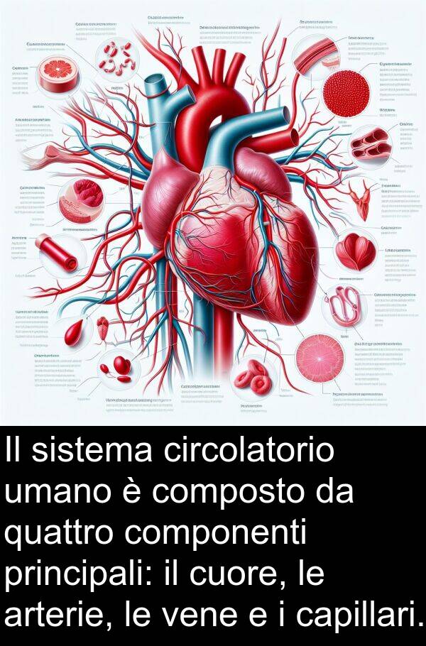 umano: Il sistema circolatorio umano è composto da quattro componenti principali: il cuore, le arterie, le vene e i capillari.