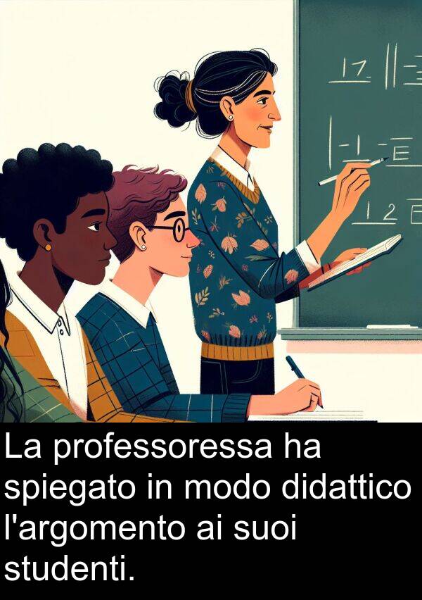 professoressa: La professoressa ha spiegato in modo didattico l'argomento ai suoi studenti.