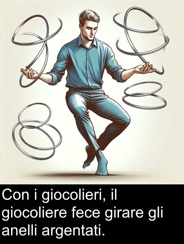 argentati: Con i giocolieri, il giocoliere fece girare gli anelli argentati.