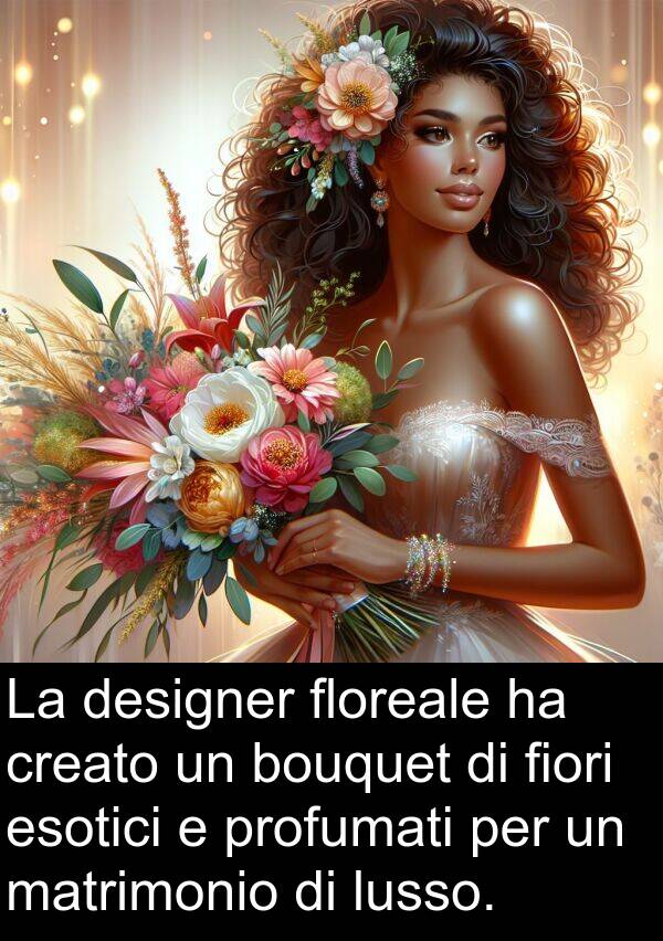 esotici: La designer floreale ha creato un bouquet di fiori esotici e profumati per un matrimonio di lusso.