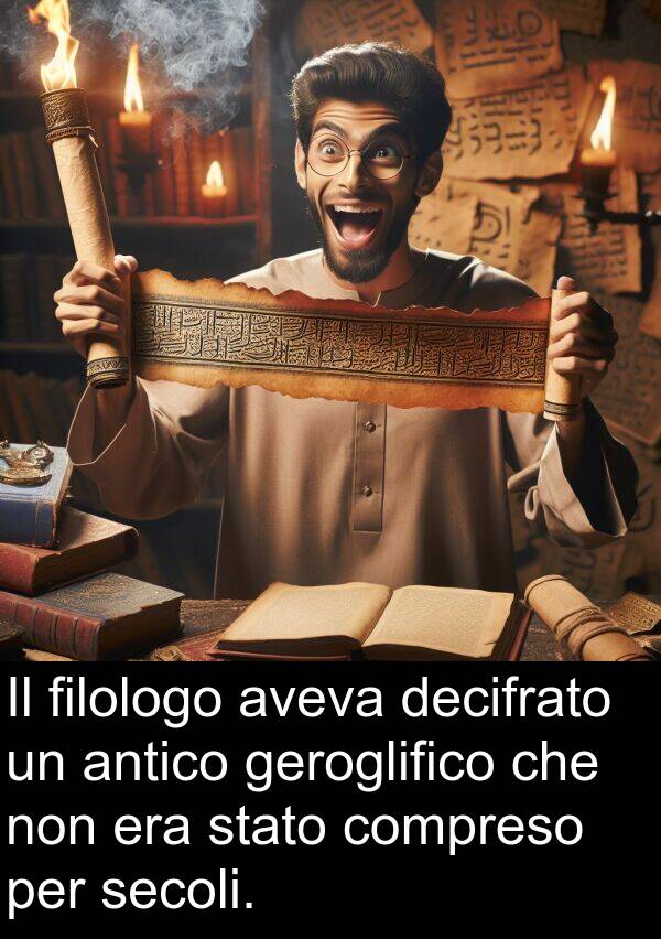 filologo: Il filologo aveva decifrato un antico geroglifico che non era stato compreso per secoli.