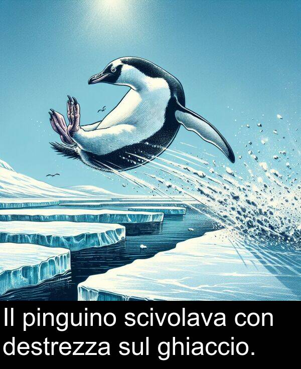 sul: Il pinguino scivolava con destrezza sul ghiaccio.