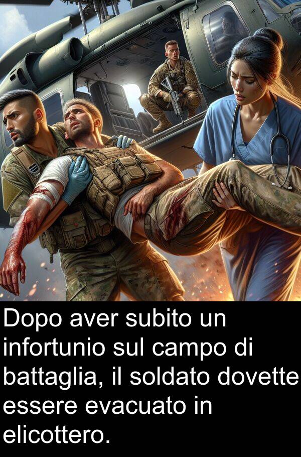 subito: Dopo aver subito un infortunio sul campo di battaglia, il soldato dovette essere evacuato in elicottero.