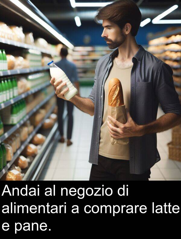 comprare: Andai al negozio di alimentari a comprare latte e pane.