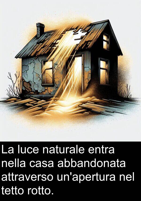 rotto: La luce naturale entra nella casa abbandonata attraverso un'apertura nel tetto rotto.