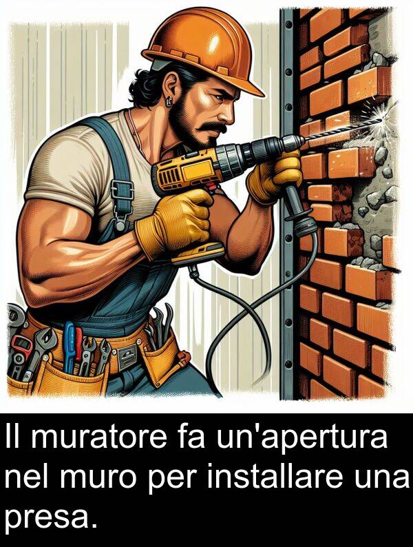 muratore: Il muratore fa un'apertura nel muro per installare una presa.
