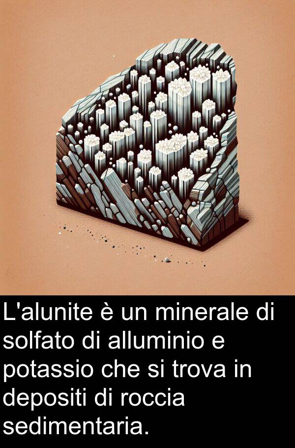 trova: L'alunite è un minerale di solfato di alluminio e potassio che si trova in depositi di roccia sedimentaria.