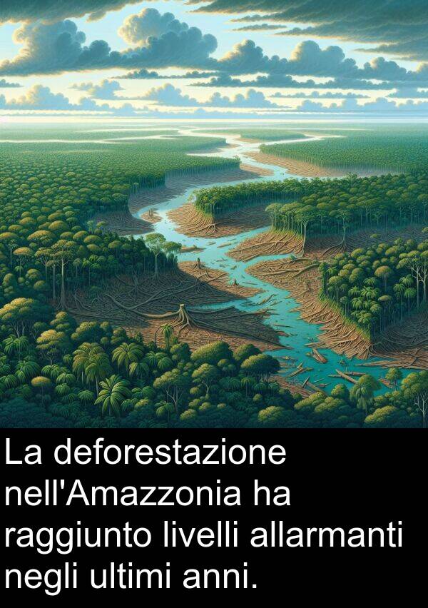 raggiunto: La deforestazione nell'Amazzonia ha raggiunto livelli allarmanti negli ultimi anni.