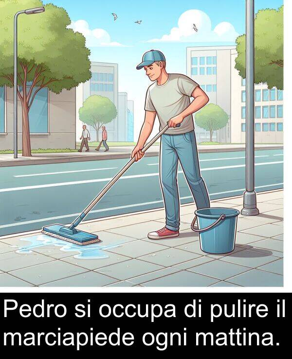 ogni: Pedro si occupa di pulire il marciapiede ogni mattina.